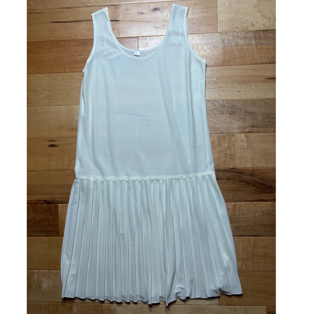 Pleated Drop Waist Slip Dress Women L Ivory White Sheer Sleeveless Scoop Neck